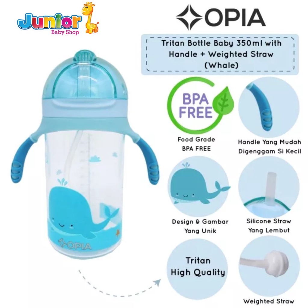 Opia Tritan Bottle Baby Weighted Straw 350Ml - Whale - Botol Anak