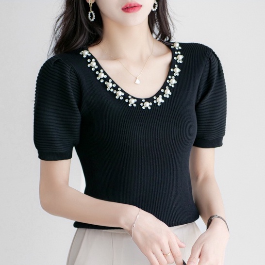 【Elegant】Korean Retro Soft Knit V Neck T-Shirt 2354