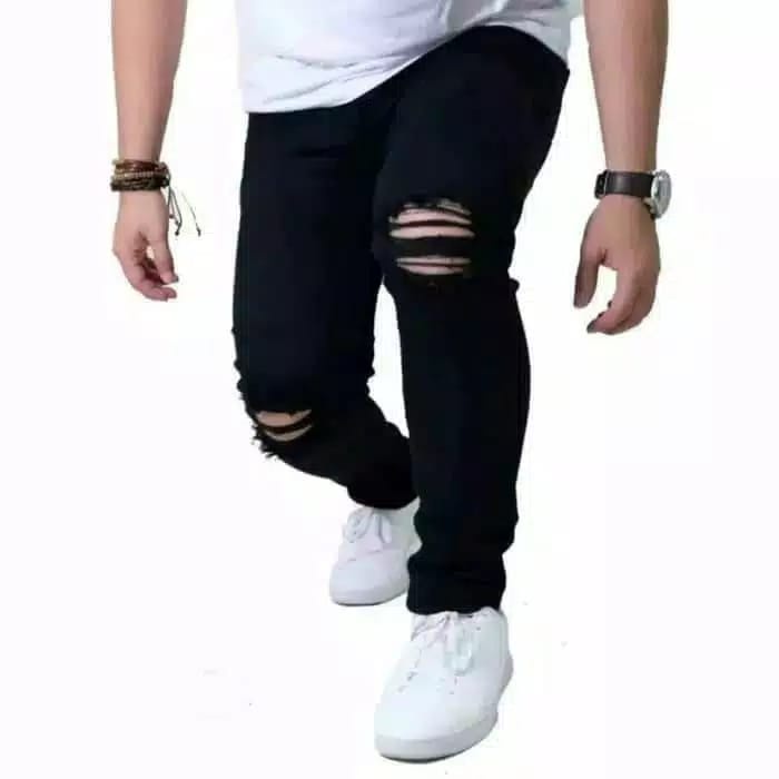 Celana Jeans sobek lutut robek ripped Hitam destroy premium