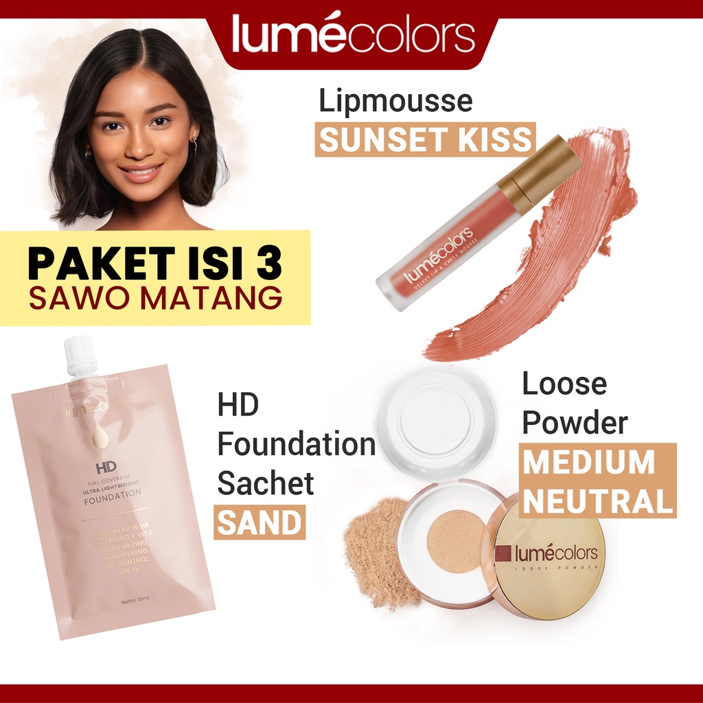 (Free Emas) Lumecolors Paket Bundling 3in1 Simple Base Loose Powder + Sachet Foundation 10ml + Lipmousse