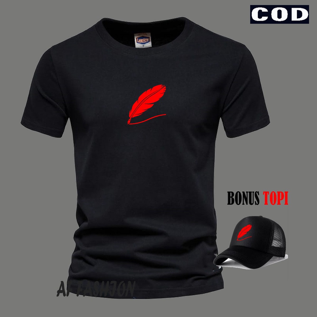 Bonus topi ... Baju Kaos Distro Logo Bulu Ayam Text Merah Lengan Pendek Premium Quality