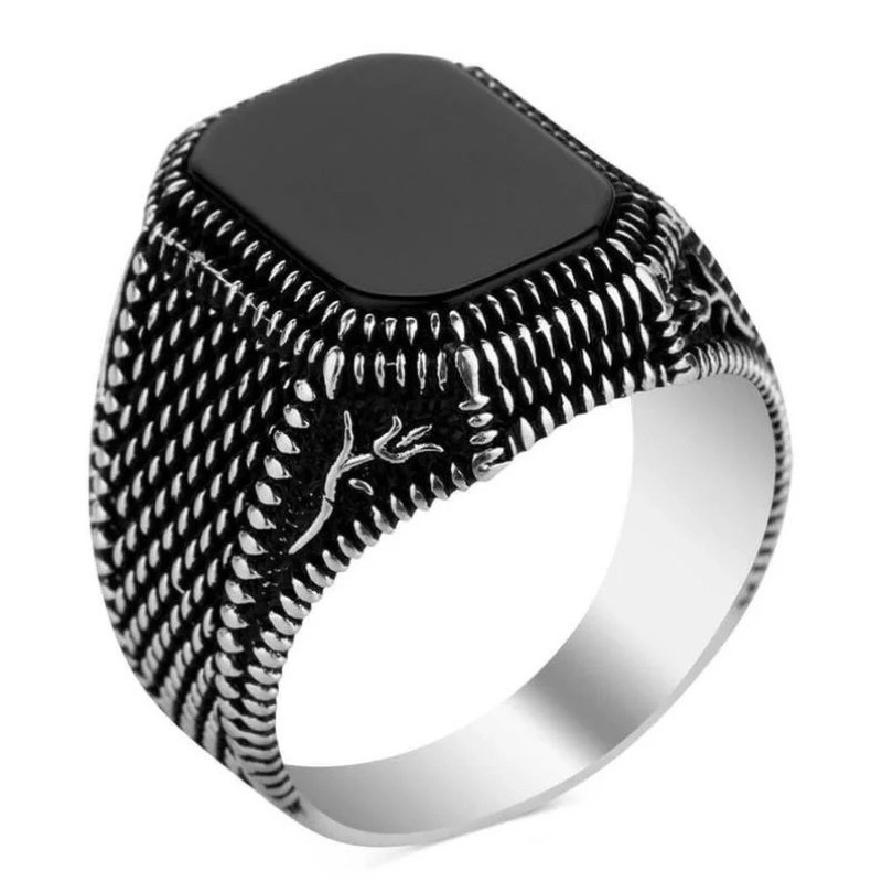 Cincin Pria Elegan Mewah Turkish Minimalis Batu Akik Hitam Pekat