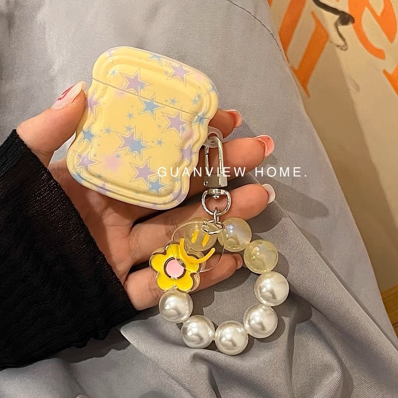 Pastel Yellow Star with Pearl Flower Chain Softcase for Airpods 1 2 Pro 3 Case Airpods Inpods TWS