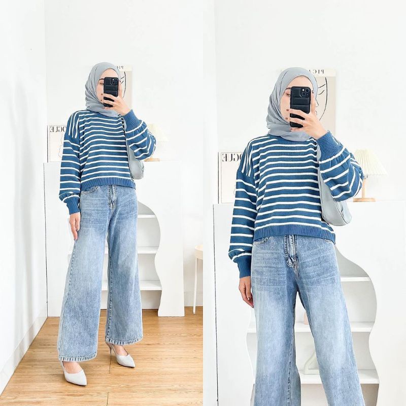 SWEATER KNIT STRIPE SISSY CROP ATASAN RAJUT MOTIF GARIS OVERSIZE TEBAL