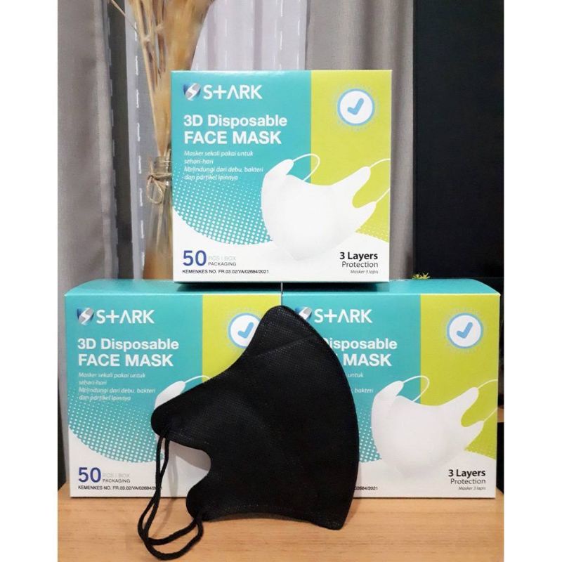 masker duckbill hitam 50pcs tali pipih logo Stark