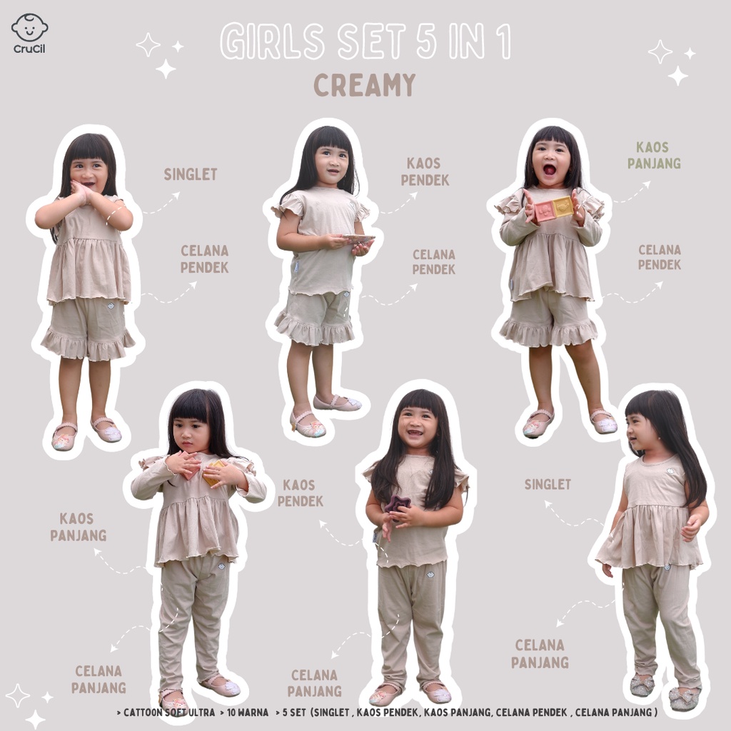 CruCil Factory Baju Kaos Anak Basic Set Girls 5in1 (6m-8y)