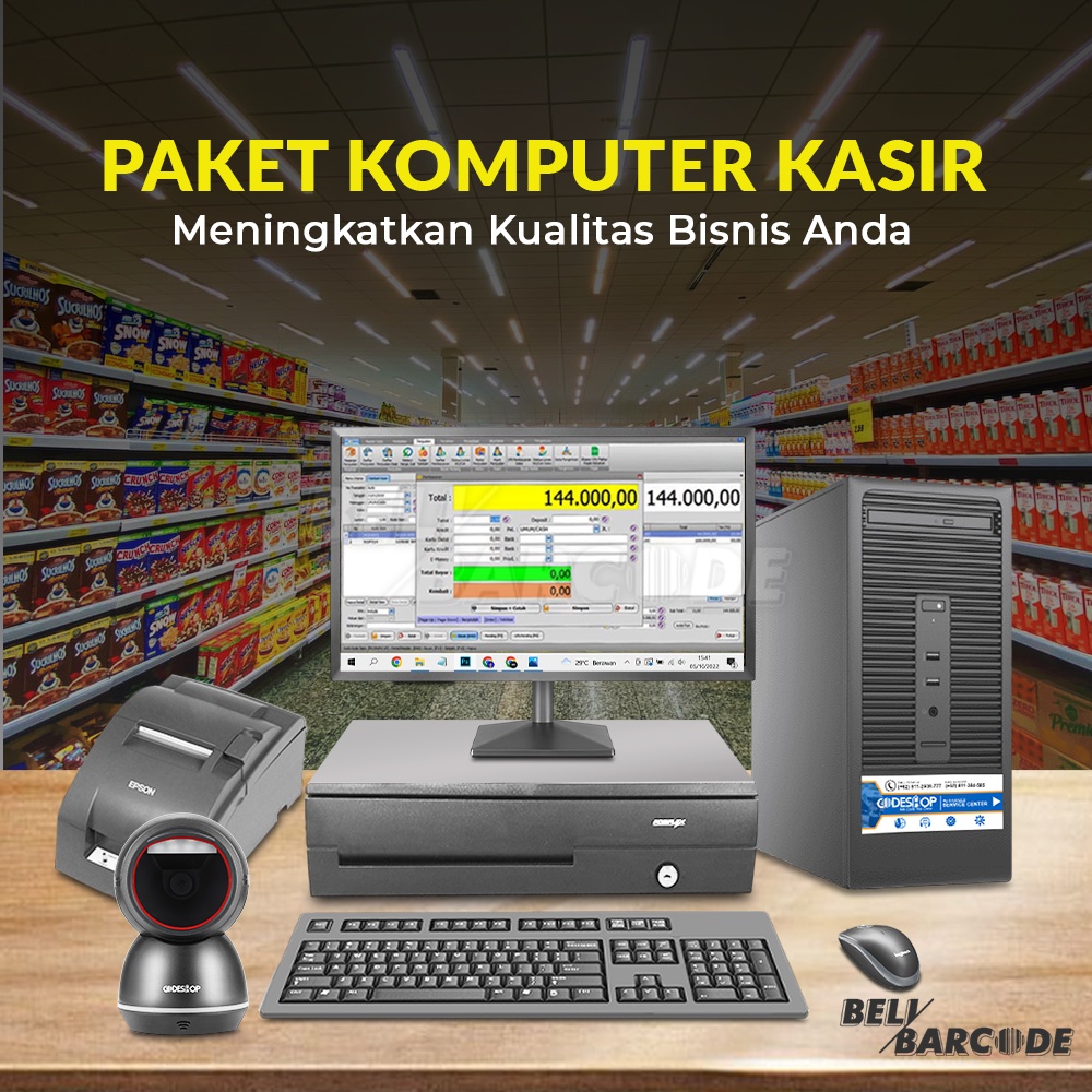 Satu Set Paket Kasir Komputer + Software IPOS 5 PRO + Scanner CD680 + Printer TMU220B + Cash Drawer CR40000g