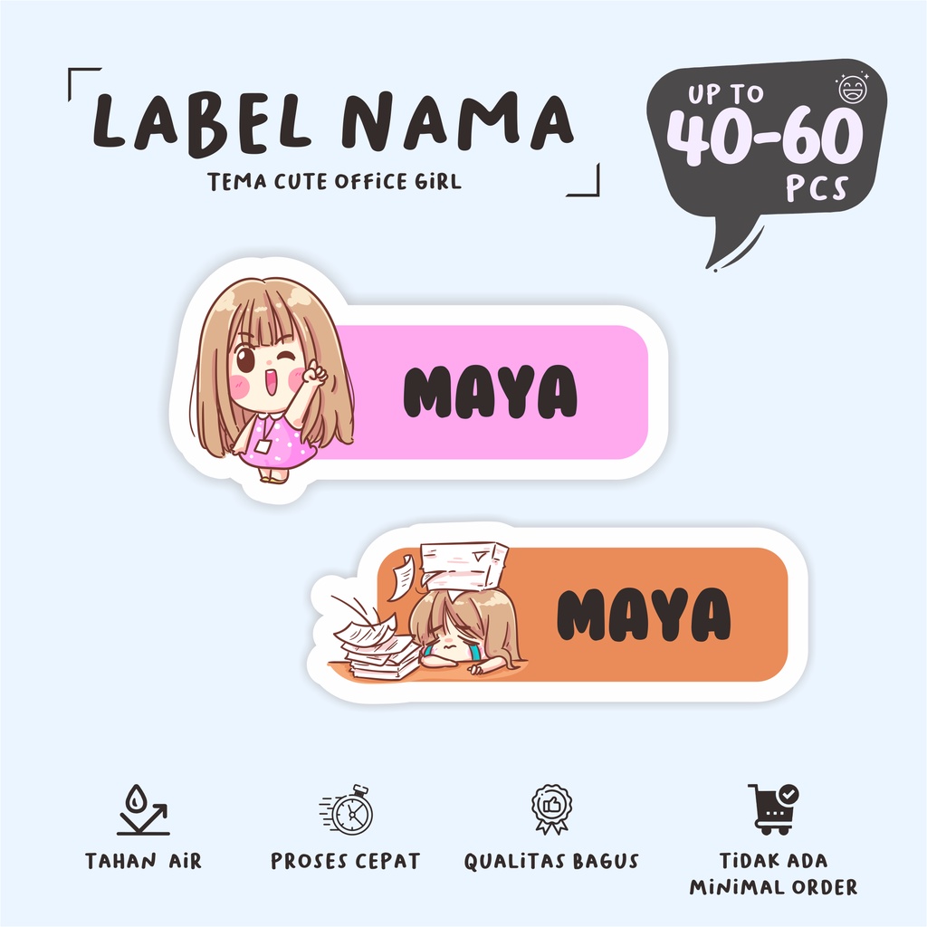 

(40 - 60 pcs) Stiker nama waterproff CUTE OFFICE GIRL/murah/label nama anti air/cetak stiker lucu