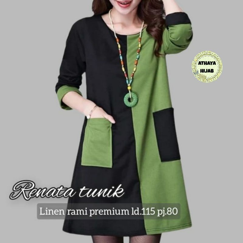 Tunik Jumbo Renata Tunik Kombinasi Terbaru Linen Rami Premium LD 115 Big Size By Athaya Hijab