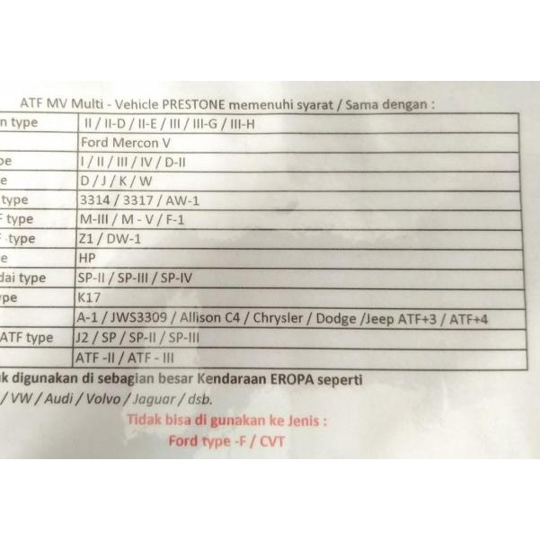 Oli Transmisi Matic Daihatsu AYLA ATF MV Vehicle Prestone 946ml