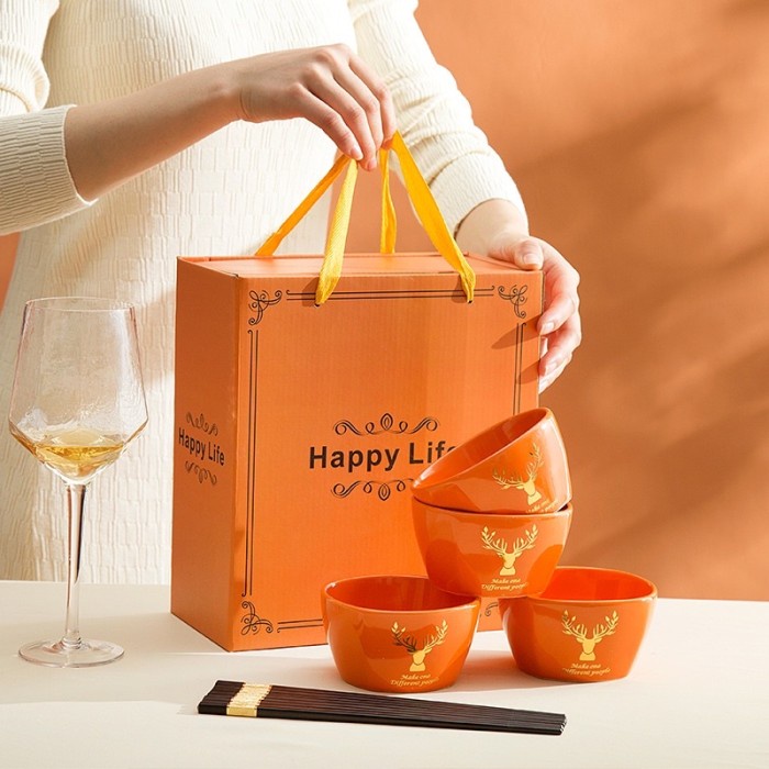 

(COD) Mangkok Keramik Set Hampers Natal Souvenir Natal Kado Natal Mangkok - Orange