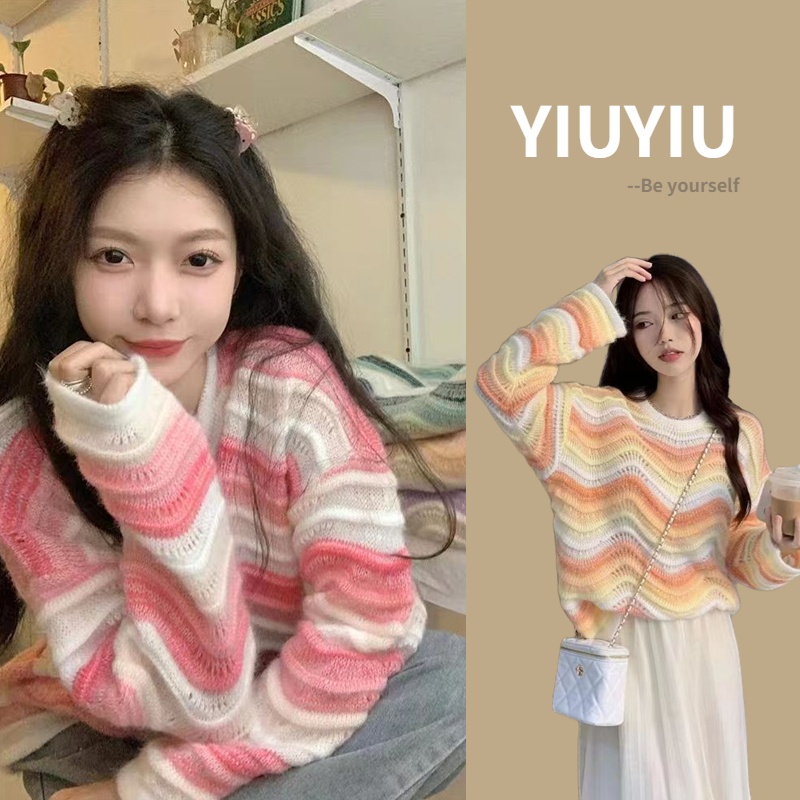 YIU YIU Rajut - Atasan Rajut Wanita Oversize Lengan Panjang Sweater Crewneck Knit