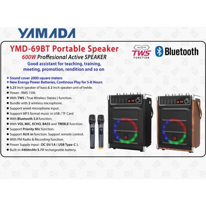 SPEAKER PORTABLE AKTIF YAMADA YMD-69BT + 2MIC WIRELESS TWS SYSTEM BRG56456ER