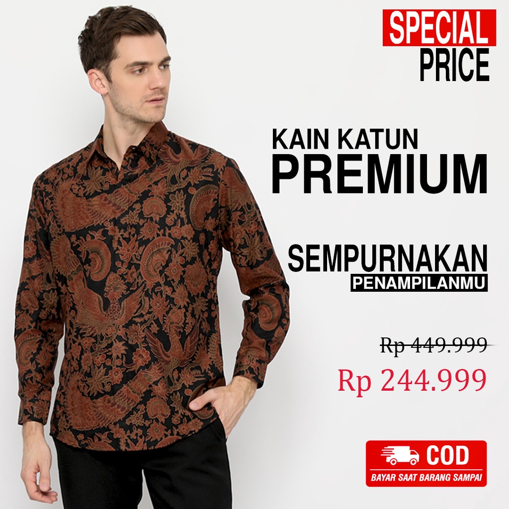 BATIK PRIA LENGAN PANJANG Kemeja Hem Slimfit Premium Motif Merak Warna Hitam Coklat 721008 CAP 72 - Baju Kemeja Atasan Pakaian Setelan Batik Pria Cowok Laki Laki Remaja Keluarga Kantor Lengan Panjang Modern Slimfit Slim Fit Premium Kekinian