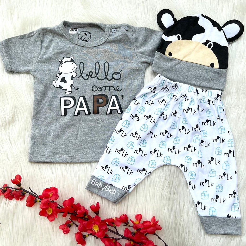 Baju setelan kaos celana topi motif sapi pergi jalan lucu fashion anak bayi cowok laki murah -pap