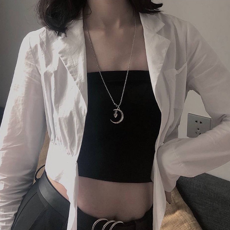 Magic789 Kalung Rantai Panjang Liontin Hati / Bulan Sabit / Manik-Manik Silver Gaya Punk Untuk Pria / Wanita