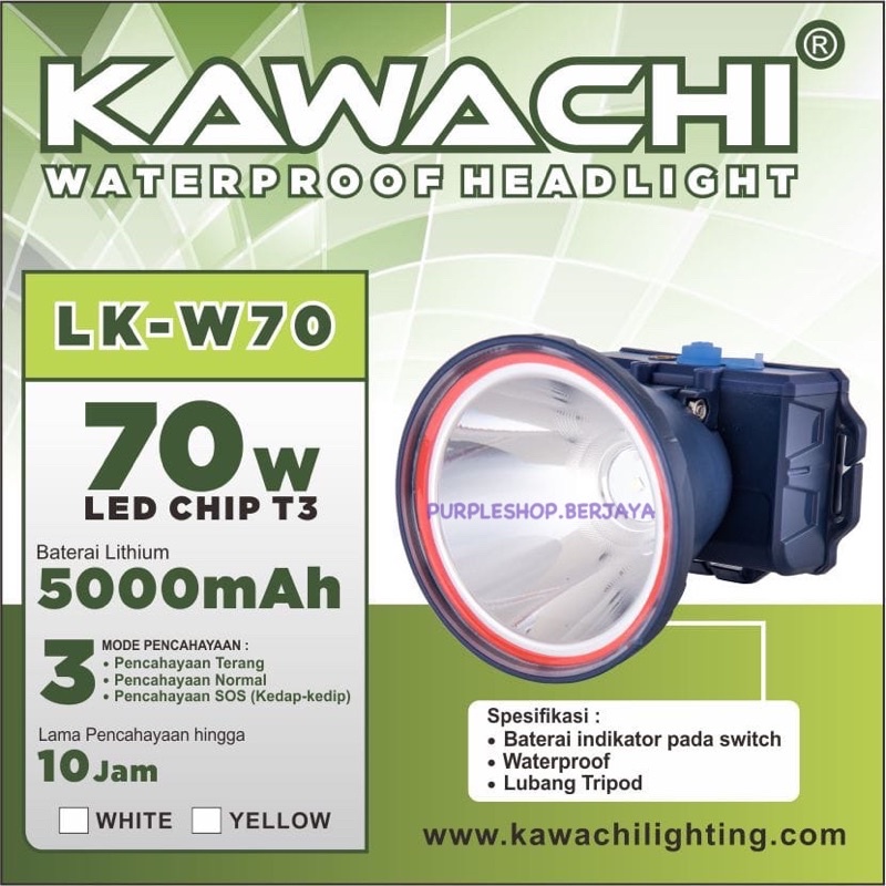 Kawachi Senter Kepala 70watt SUPER RINGAN Waterproof LK W70