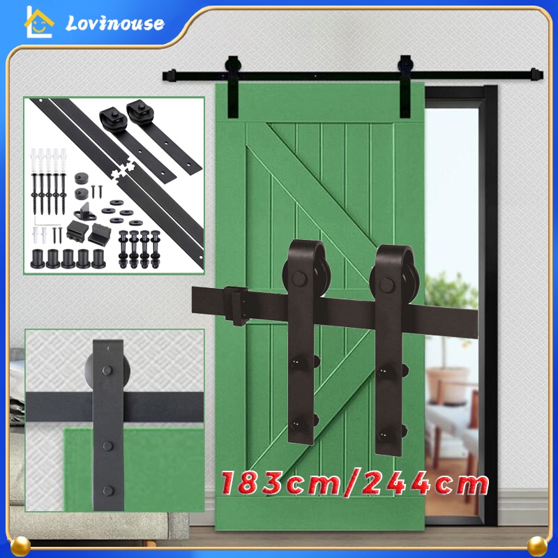 6FT/6.6FT/8FT/9.8FT Rel Pintu Geser sleding Baja Karbon bergerak Kit Barn Door / Sliding / Pintu Geser Industrial Door Track Tidak ada Pintu