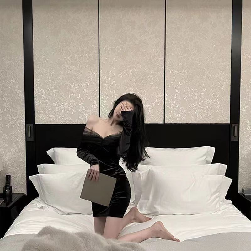 Suhao hot girl one-shoulder velvet black dress wanita tahun baru goreng jalan pertempuran gaun pinggang susu manis lembut keinginan murni rok angin