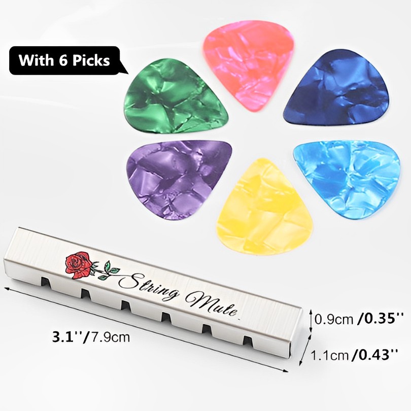 1pc Stempel Mute Bahan Stainless Steel Dengan 6 Pick Untuk Gitar