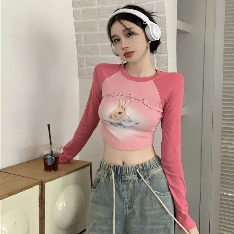 Suhao Amerika Retro Desain Rasa Kelinci Cetak Lengan Panjang T-shirt Wanita Slim Bottoming Kemeja Musim Gugur In Hot Gadis Pendek Pusar