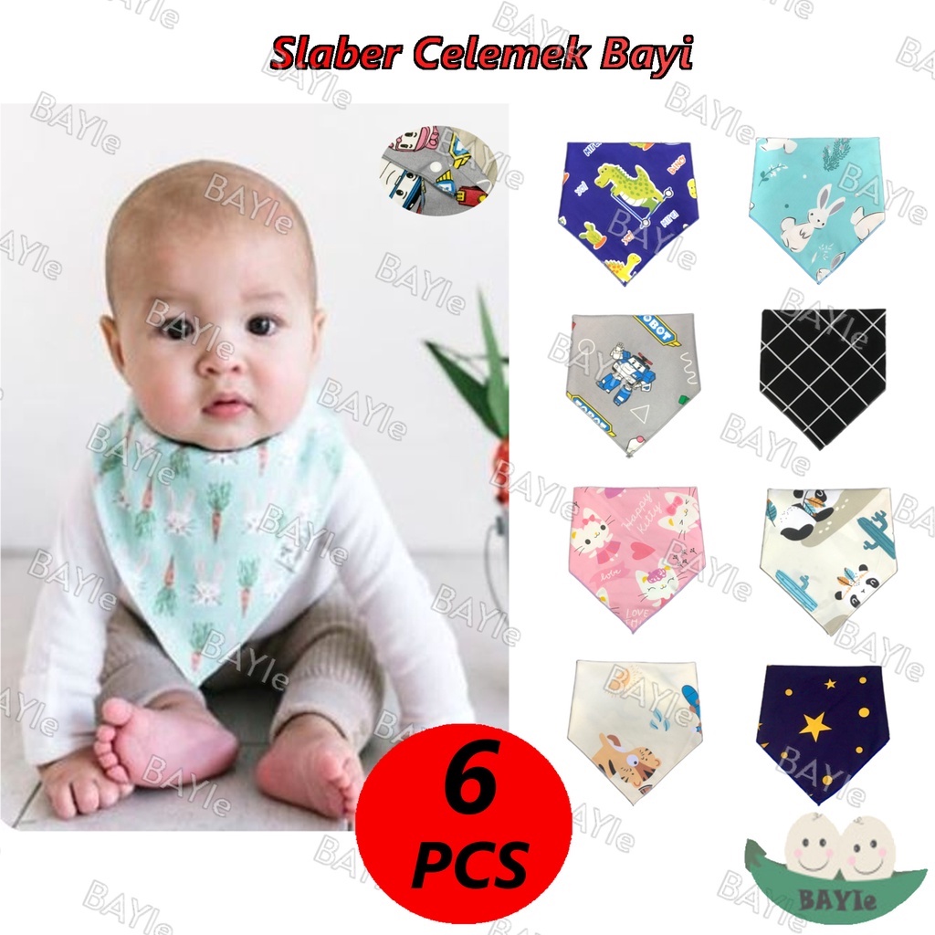 BAYIe - 6 PCS Slaber Slabber BIB Celemek Bayi Anak Model Segitiga Multifungsi/ Tatakan Air Liur Tadah Iler / Celemek Makan