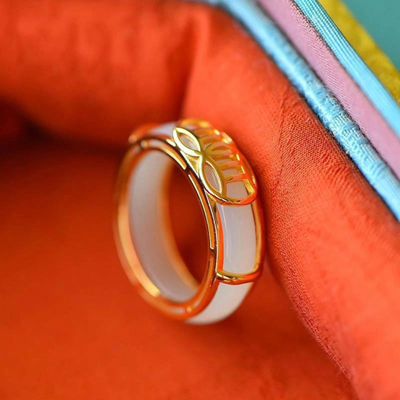 Fancyqube Cincin Giok Hetian Putih Bulat Bahan S925 Sterling Silver Gaya Retro