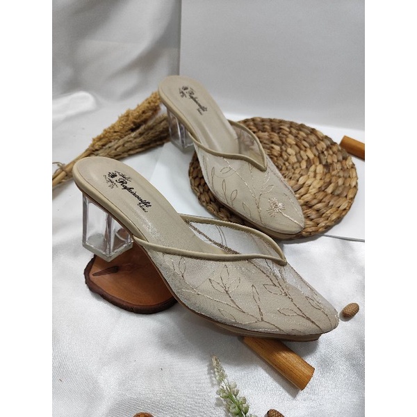 sepatu v kelly wanita pesta wedding cream 7cm kaca