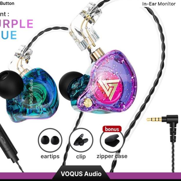 Earphone QKZ AK6 Pro Mic Bass In Ear Monitor Headset Detachable IEM - Ungu-Biru