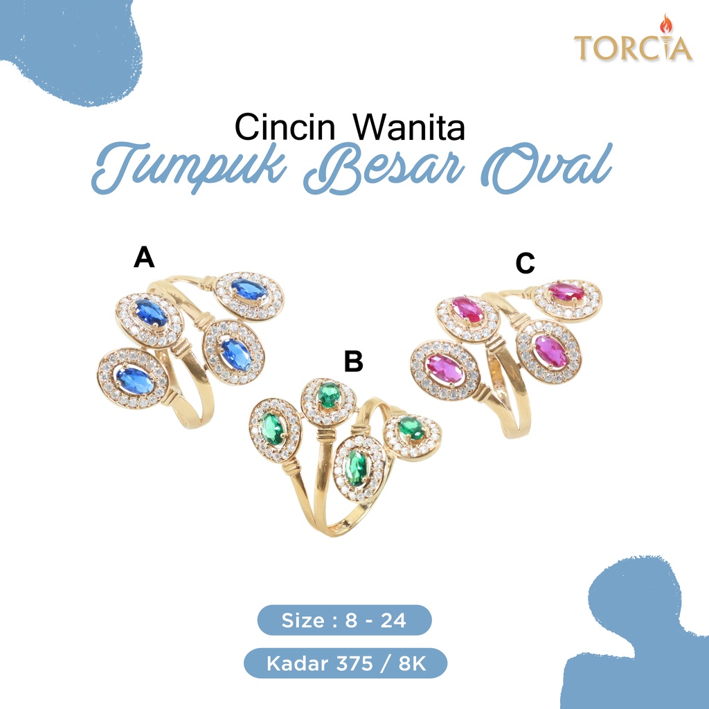 Cincin Wanita Emas Asli Tumpuk Besar Oval Kadar 375 Torcia