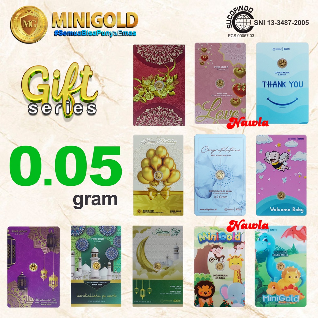 Minigold GIFT Series 0.05 gram Logam Mulia Asli Emas Murni 24 Karat untuk Hadiah Kado Souvenir Hampers 0,05 gr