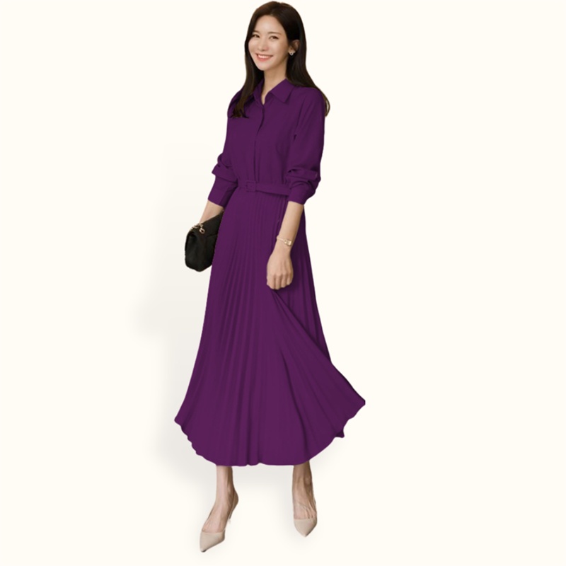 Long Dress ploi plisket lengan panjang wanita gaya korea model terbaru - XSHOP Gracelina