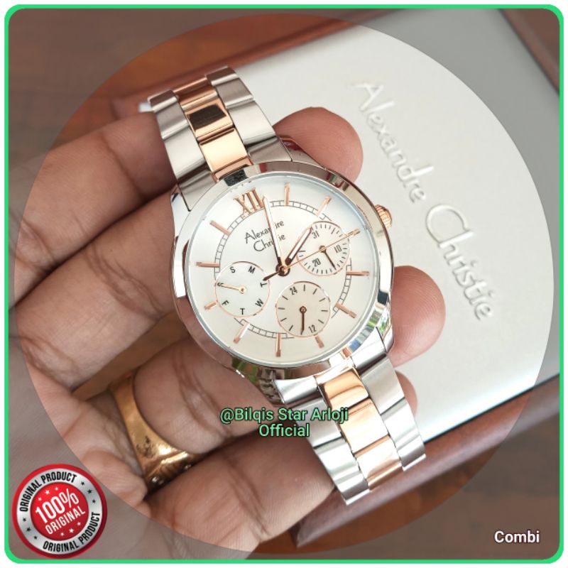 Alexandre Christie Wanita Ac 2815 Tali Rantai Silver Combi Rose Gold Original