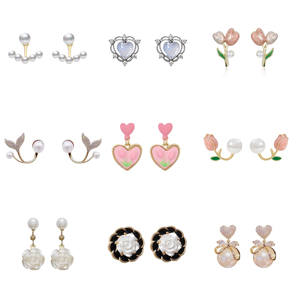 Anting Stud Desain Ekor Ikan Camellia / Tulip / Kupu-Kupu / Pita Hias Mutiara / Kristal Untuk Wanita