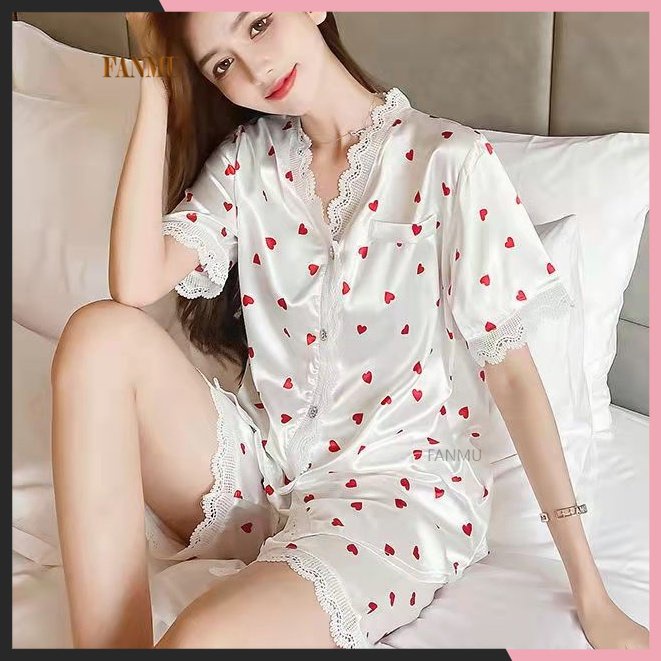 [COD] Baju tidur korea/piyama pendek wanita/baju tidur celana pendek wanita/setelan piyama wanita daster kekinian/baju tidur wanita satin premium