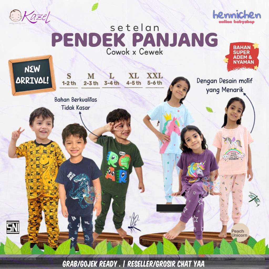1 PCS KAZEL SETELAN PENDEK PANJANG DINO DAN UNICORN EDITION BAJU PENDEK CELANA PANJANG ANAK 1 - 6 TAHUN