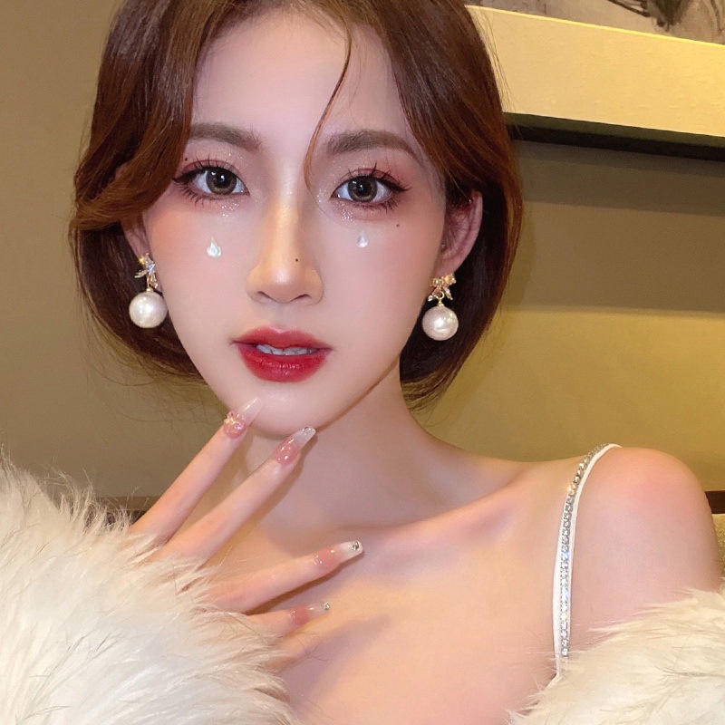 Anting Tusuk Silver s925 Wanita Desain Pita Hias Mutiara Gaya Korea Untuk Pesta