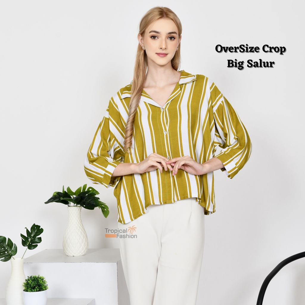 Kemeja Wanita OverSize Crop Motif BIG SALUR Garis Terbaru Kekinian l Cwek Style Korea