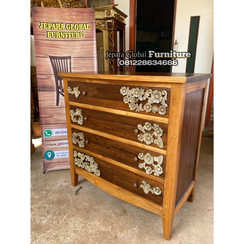 Nakas Jati laci 4 antik flowers cabinet jati( drawer jati,nakas jati murah,nakas bedside jati )