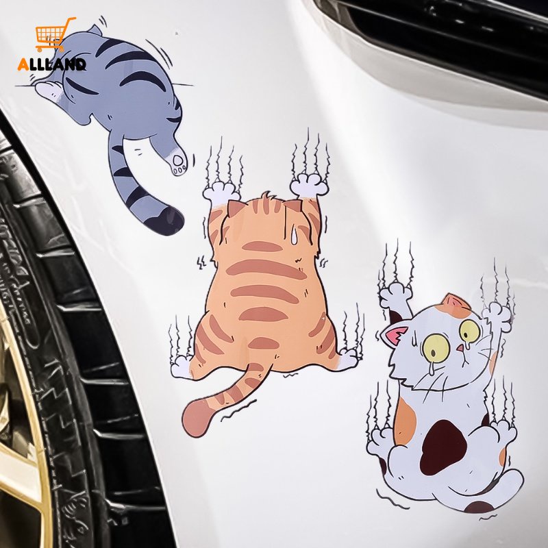 3pcs / Set Stiker Motif Kartun Kucing Bahan PVC Anti Air Untuk Dekorasi Mobil