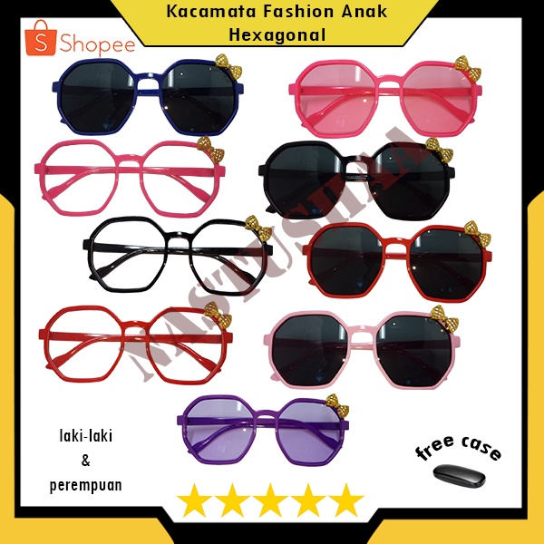 Kacamata Hitam UV400 Dekorasi Pita Lucu Anak-anak Kacamata Fashion Kids Bingkai Hexagonal FREE CASE