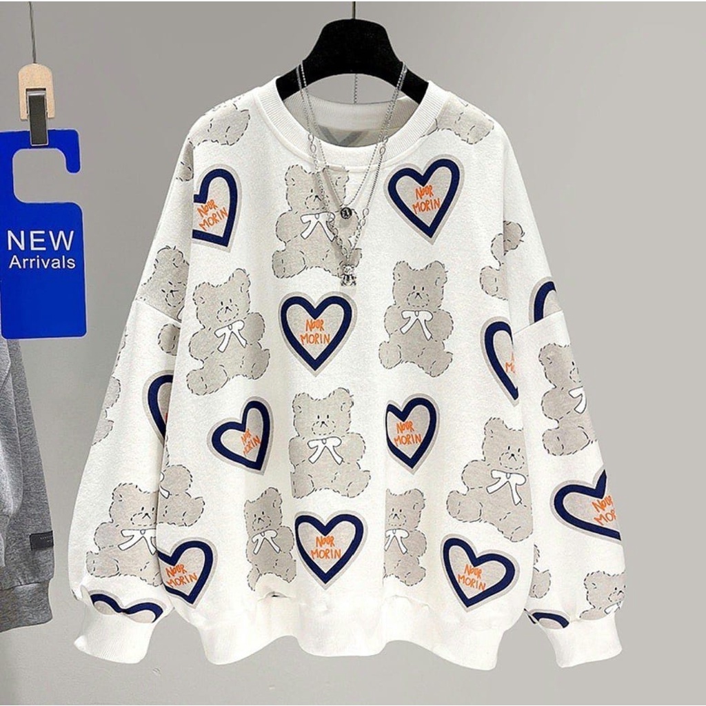 SWEATER OVERSIZE - BEAR lOVE PULL PRINT CREWNECK SWEAETR OVERSIZE - SWEATSHIRT WANITA-white