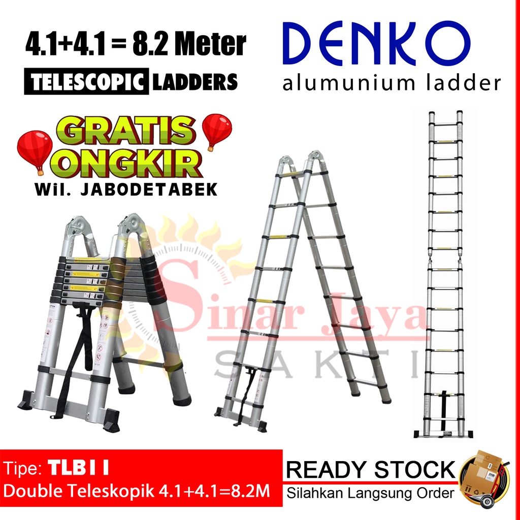 Tangga Lipat Teleskopik 4.1 + 4.1 = 8.2 Meter Denko TLB11 | Tangga Alumunium Teleskopik 4,1 + 4,1 = 