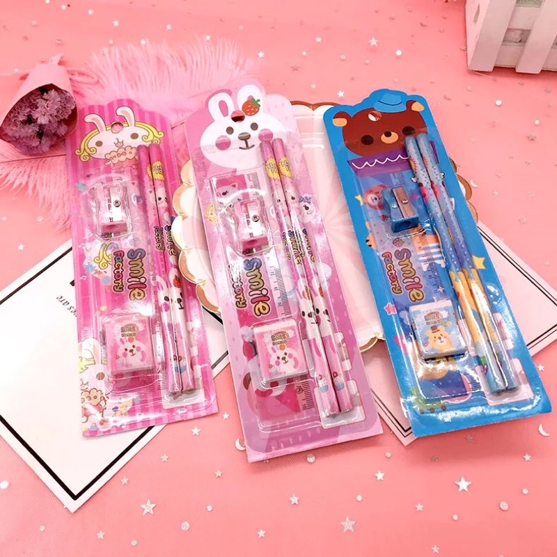 

Mini Stationary Set 5in1 Set paket Alat Tulis Sekolah 5 in 1 Pensil Set Karakter Kartun paket alat tulis alat tulis unik gambar kartun