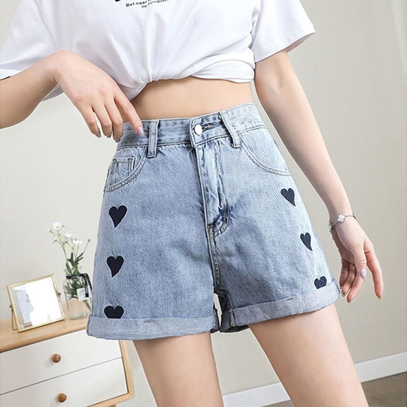 Celana jeans pendek wanita love jeans korea kekinian high waist hot pants jumbo short pants cewek 2023 terbaru