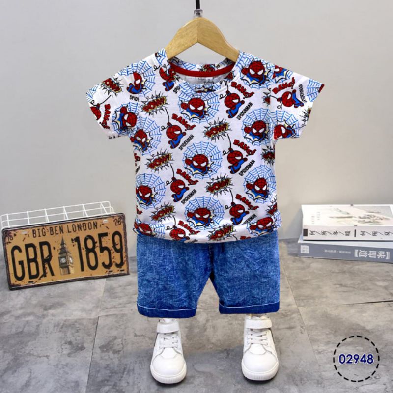 BAJU SETELAN ANAK COWOK KAOS CELANA JEANS 0-6 TAHUN AISON SUPERHERO SPIDERMAN / SETELAN JEANS AISON TERMURAH TERLARIS SPIDERMAN PESAWAT