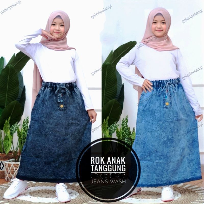 Rok Jeans Anak Perempuan Panjang Kombinasi Kancing Snow Wash Tali Pinggang Kerut karet Elastis Bawah