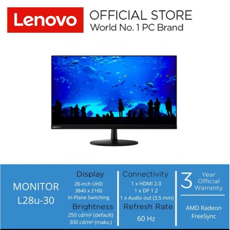 Lenovo L28u-30 28&quot; LED Monitor UHD 4K IPS HDMI DP 60Hz Garansi Resmi