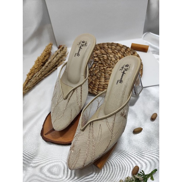 sepatu v kelly wanita pesta wedding cream 7cm kaca