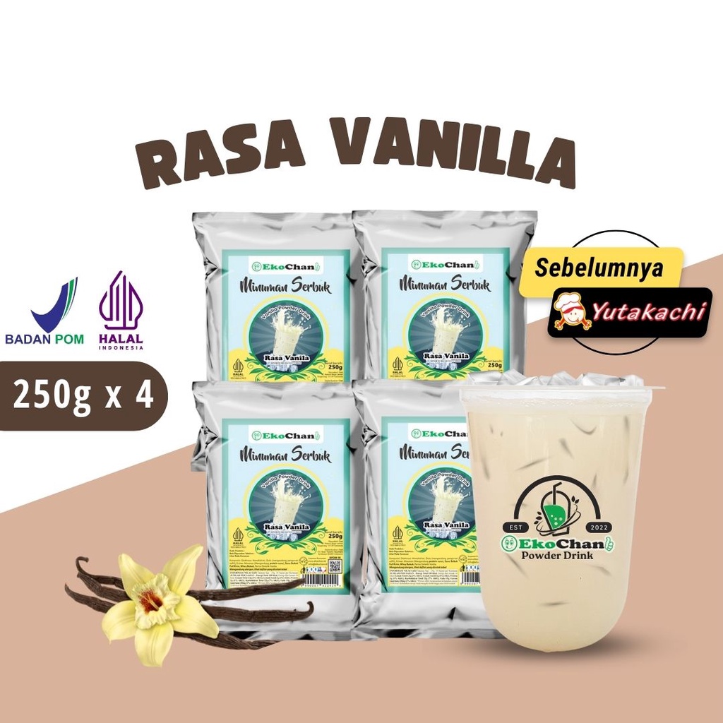 Bubuk Minuman Rasa Vanilla 1Kg ( 4 x @250g ) EkoChan / Kemasan Renteng Bundle Serbuk Minuman Instan Vanilla 1 kg Aneka Rasa / Powder Drink Vanilla Milkshake / Pusat bumbu